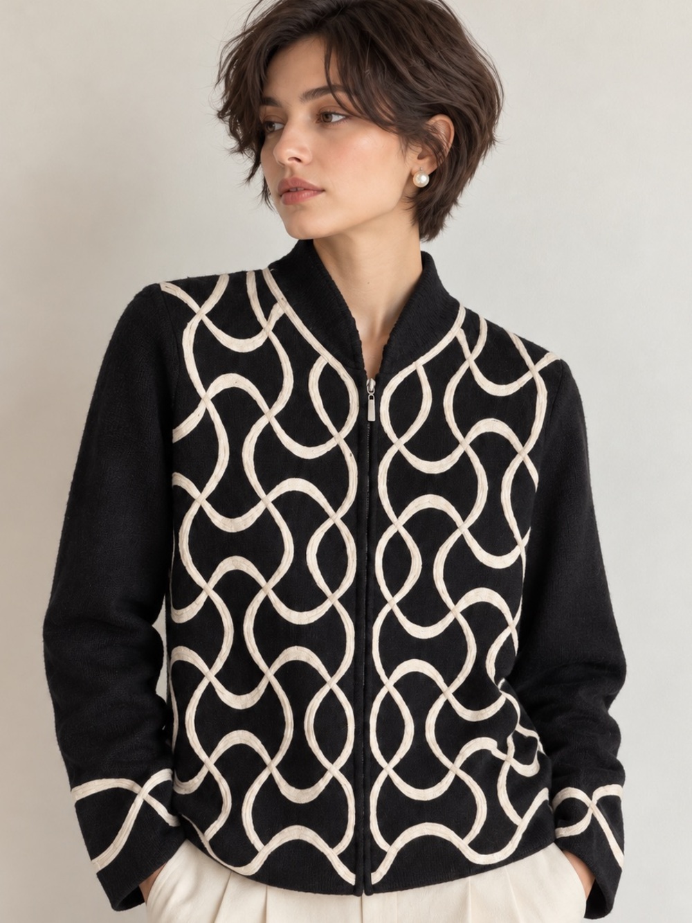 Vintage Pure Wool Talbots Embroidered Full Zip Jacket Black White Size M